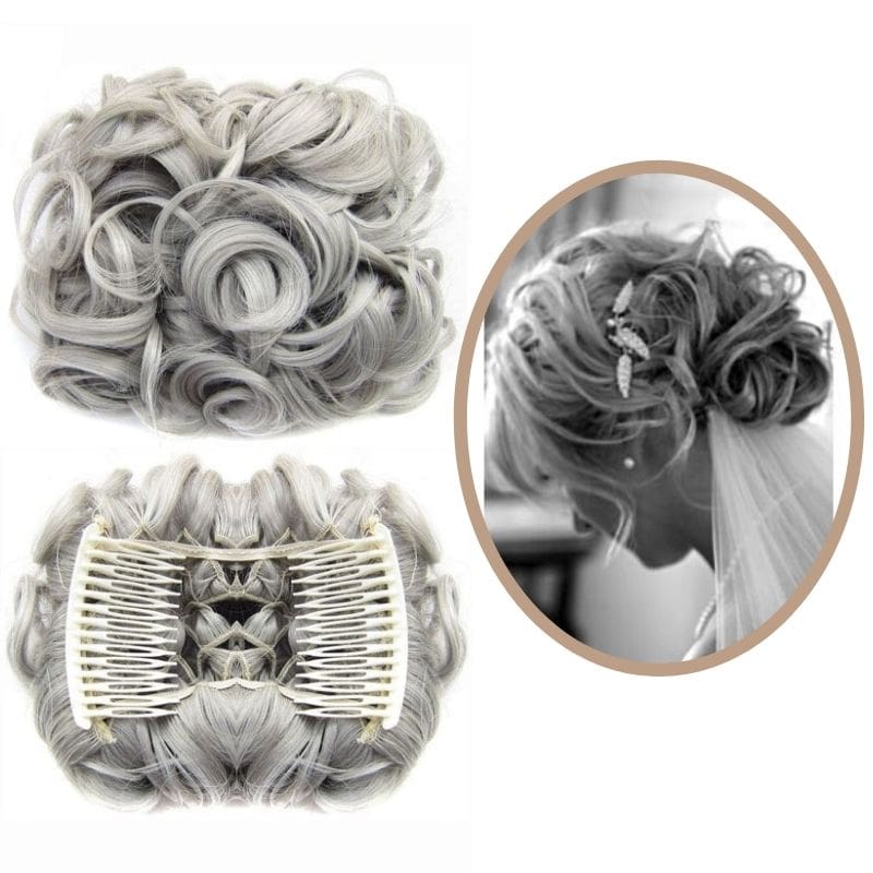 Postiche Chignon Cheveux Gris – Réf. 17 En 51, Synthétique Bouclé, Neuf Avec étiquette
