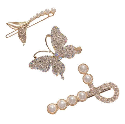 Trio Barrettes Perles Papillon - Bijoux Cheveux Uniques